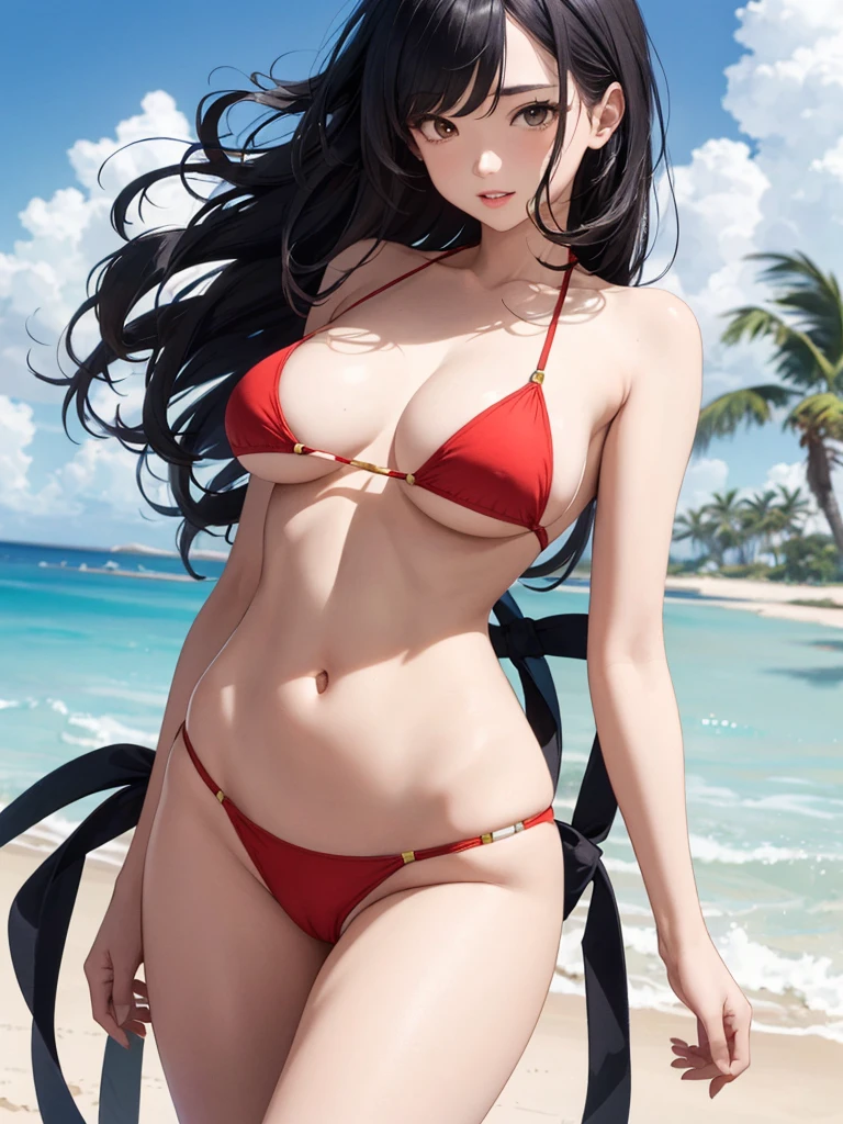 NSFW, (((Uncensored))), (((Clear picture))). high image quality, high resolution, 18 year old beautiful girl、shiny black hair、Hime cut、Brown eyes, dark eyebrows, J-cup huge breasts、172cm tall、tightened waist,、red bikini, sexy pose, Sandy Beach、Blue sky