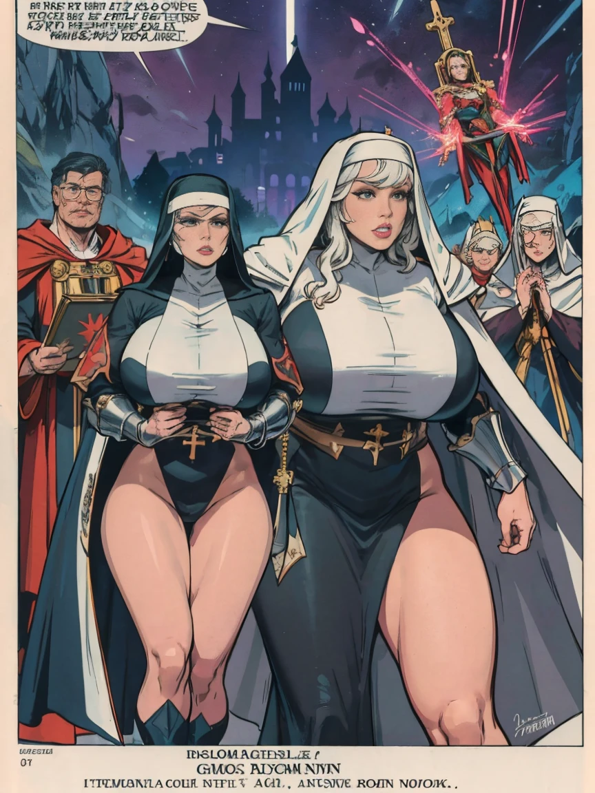 (masterpiece, top quality, best quality, official art, beautiful and aesthetic:1.2), (1girl:1.3), ((Sharp facial features, sharp features, hawkish features)), ((grey eyes)), busty paladin knight girl, extremely detailed, portrait, looking at viewer, solo, (full body:0.6), detailed background, full-body shot, (cold mountain nighttime glacier theme:1.1), holy knight, (nun), charlatan, smirk, mysterious, swaying in mountains, armor, polished metal, gold trim, long boots, white fabric, pelvic curtain, robe, pale leather, ((((nun, crossbow, heavy armor, armored, long legs, robes, prayer scrolls, toned, muscular)))), slim waist, slim hips, long legs, medieval (mountain exterior:1.1) background, dark mysterious lighting, shadows, magical atmosphere, dutch angle