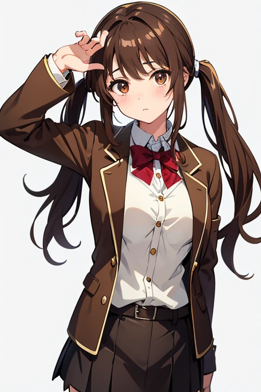 one woman, standing, cowboy shot, hand on chest,deep brown hair, low twin tails, deep brown eyes, white skin,young female, Great Joy, high school girl, , jacket/blazer, slim, looking at viewer, white background
