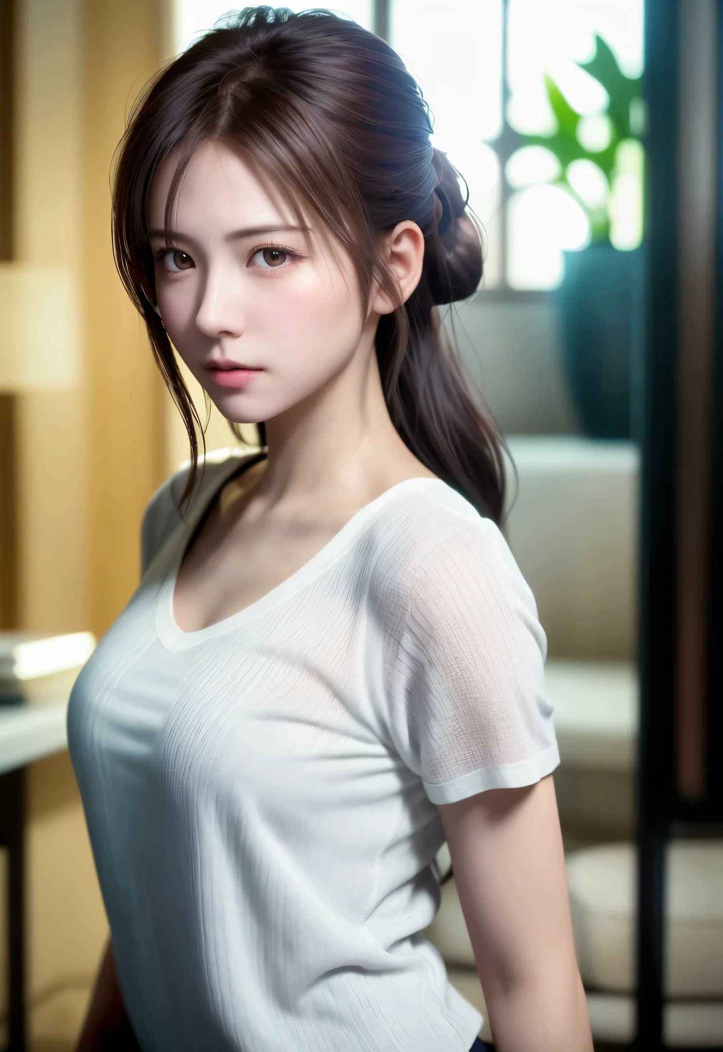 8K, of the highest quality, masutepiece:1.2), (Realistic, Photorealsitic:1.37), of the highest quality, masutepiece, Beautiful young woman, Pensive expression, Sweet look, Sexy white shirt、Hair tied back, Messy mood, Cinematic background, Tired, Light skin tone