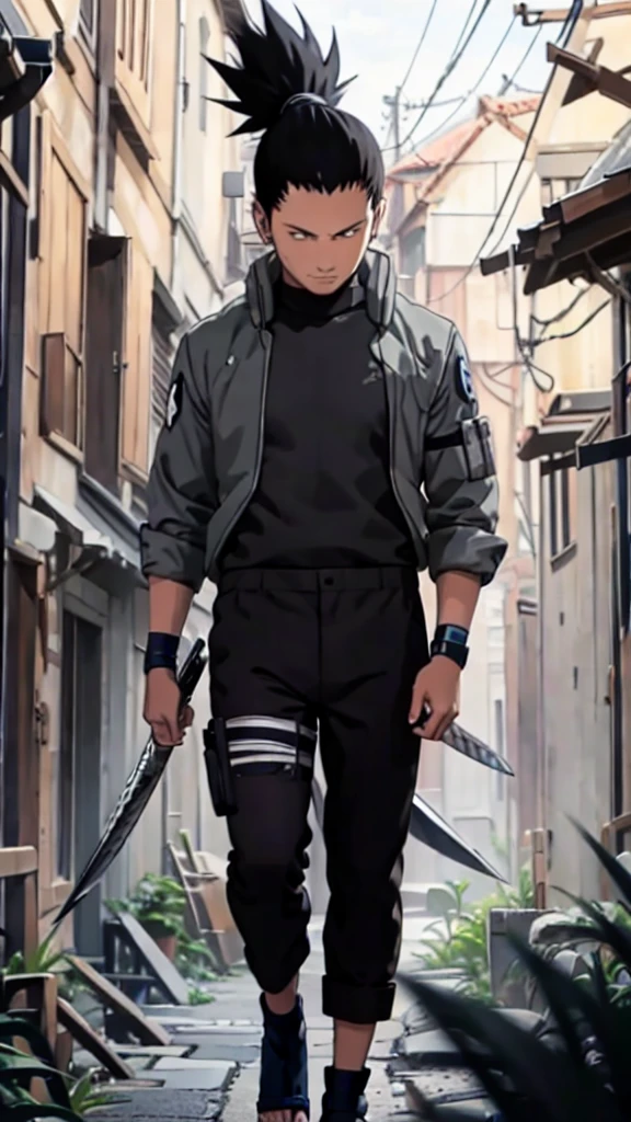 In the manga series "NARUTO" a man named "Sikamaru" with his trademark hairstyle tied back, is squatting on a tower and holding a long katana. The character wears a gray jacket with rolled up sleeves, a mesh undershirt, and dark pants. There are blue details on the jacket, including a circular Konaha symbol on the left sleeve. The shoes worn are similar to open-toed sandals. with 4k HDR quality, with a black shadow effect in the background that forms a large hand,