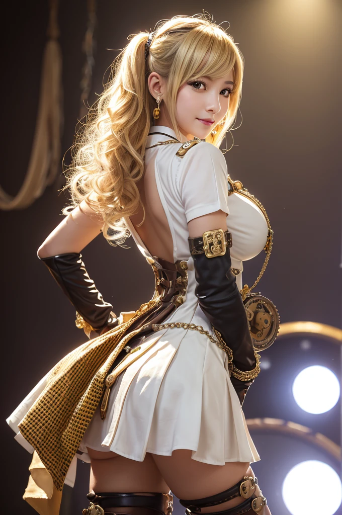 Woman portrait、Highest quality、Rear view、8k, clear, Fine skin、Clear, beautiful eyes、whole body、Curly Hair、My hair was messed up by the wind、The beauty of a smile、(Big Breasts、tall)、,(Hip_superior, Hip superior), Mature Woman,( Watching the audience),Realistic, High resolution, Soft Light,1 female, alone, Hipアップ, Glowing Skin, (Detailed face), Perfect Style, Perfect balance,blonde hair,Long Hair,Fine Skin,((Gorgeous steampunk hanbok,gyaru、Houndstooth)),Steampunk style girl、Costumes decorated with lots of gear and watches,(White and Gold, High-tech Mecha,white dress shirt、buttons、epaulettes,beads,elbow gloves,Short jeweled tie、Gemstone Helmet,belt steampunk bodystocking,High leg、jewelry)、((arms behind back)),(bokeh),(studio lighting)