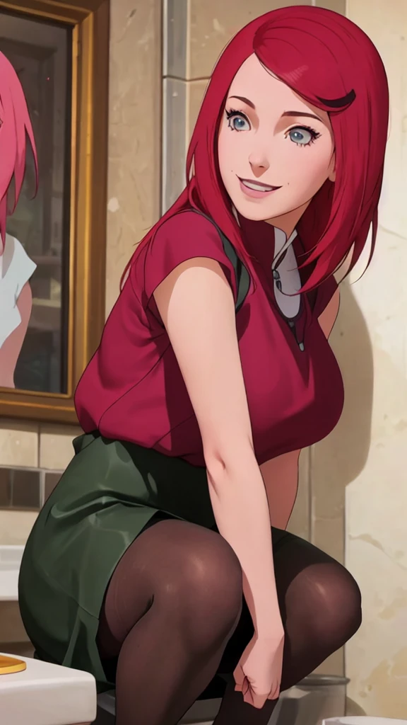 ((pantyhose))tabletop ((big-ass))((Swamp breasts))((face perfect))((sensuous))(((Traje tabletop HOT))), Masterpiece artwork， The best quality at the best， 1 ， Kushina Uzumaki ， transparent skirt with big breasts ,（Decolletage)，（Close-up of upper body)，，Is shy，he used to smile，with pink hair， distant， There is a redheaded woman in stockings posing in a bathroom, bottom angle, Lit from behind, on his knees, thighs and skirt, on his knees, peeking from behind, thighs up close, curvy accentuated booty, Hyperrealistic student in tight short dress , bent knees, Bend, hugging your knees, lit from below, view from behind, skirt raised
