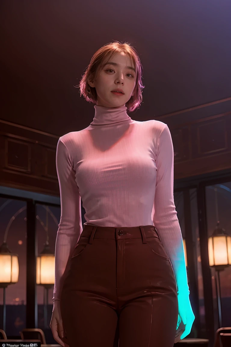 enigmatic atmosphere, atmospheric, ethereal quality,realistic,beautiful and aesthetic,, solo,groin,Pink turtleneck, brown pants,(nsfw:0.85),, Democracy,, power station,, (Glowing ambiance, enchanting radiance, luminous lighting, ethereal atmosphere, mesmerizing glow, evocative hues, captivating coloration, dramatic lighting, enchanting aura), 1girl