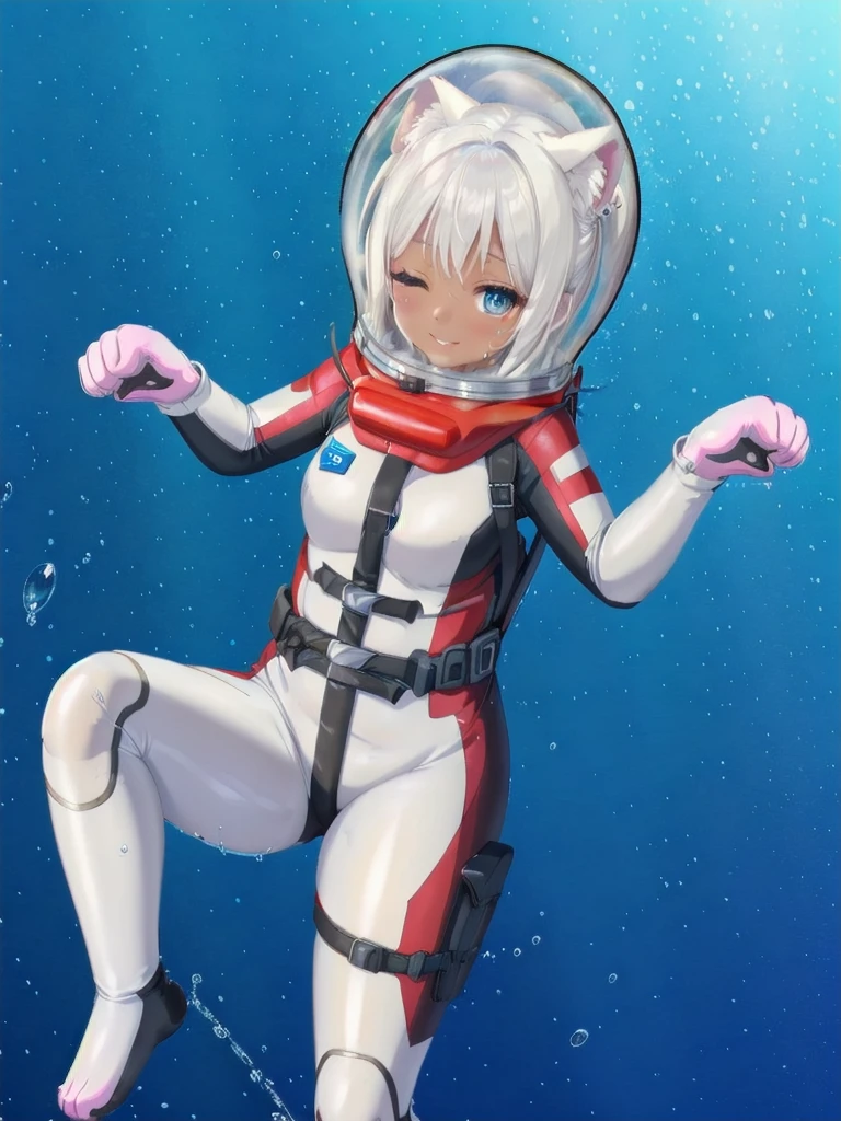 Highly detailed CG, 8k wallpaper, best quality, masterpiece, higher eyes and nose, very delicate and beautiful, beautiful, detailed,, (blue eyes: 1), (beautiful hands), (beautiful fingers) , , necklace (water:1.6), (beach:1.5), (messy hair:1.5), (leaning forward:1), looking at the viewer, (smile:1.3), (one eye closed:1.2) , (sweating), (beautiful toes), (:1.5), (1girl), (ash white hair:1.5),(middle hair:1 ), (dark skin: 1.4), (thigh circumference: 1.3) , beautiful, narrow waist, white thigh highs, narrow waist, thighs, wide hips, eyeliner, eyelashes, perfect face, detailed eyes, (dark skin : 1.5),,,(spacesuit: 1.15) , white cargo pants, astronaut )bubble helmet, space helmet, space helmet, CAT EARS, bubble helmet, eva helmet, (paw pose:1.6)