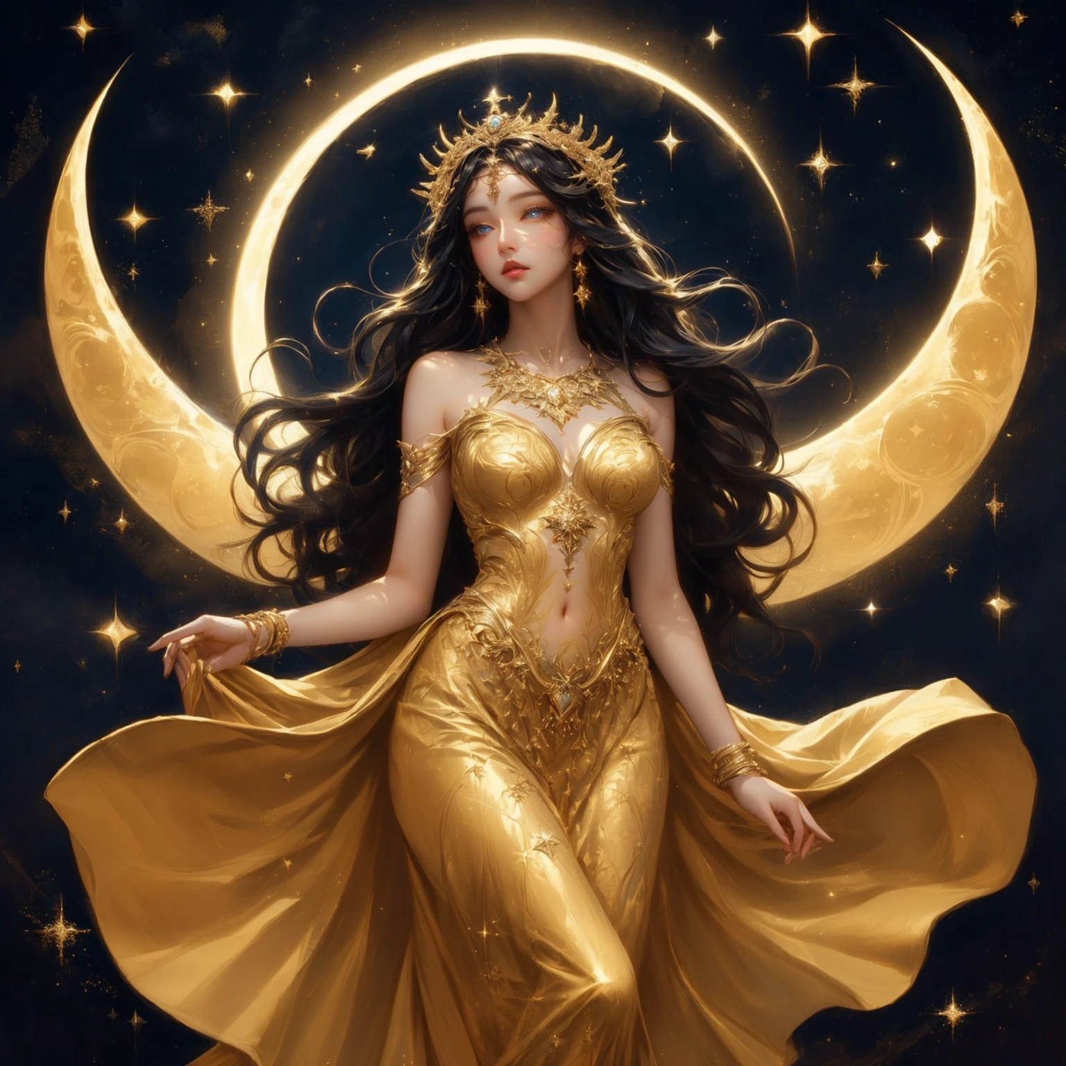 A woman in a golden dress stands in front of a starry sky., celestial goddess, beautiful heavenly mage, gorgeous goddess of leo, Argerm Julie Bell Beeple, goddess of light, moon goddess, as the goddess of the sun, Carole Bak and Peter Mohbacher, goddess. Very high detail, goddess of the sun, lunar goddess , Saw the navel. , star background , black hair , golden sparkle , blue eyes , Fine thin stockings very well It has a golden star shape.,moon background