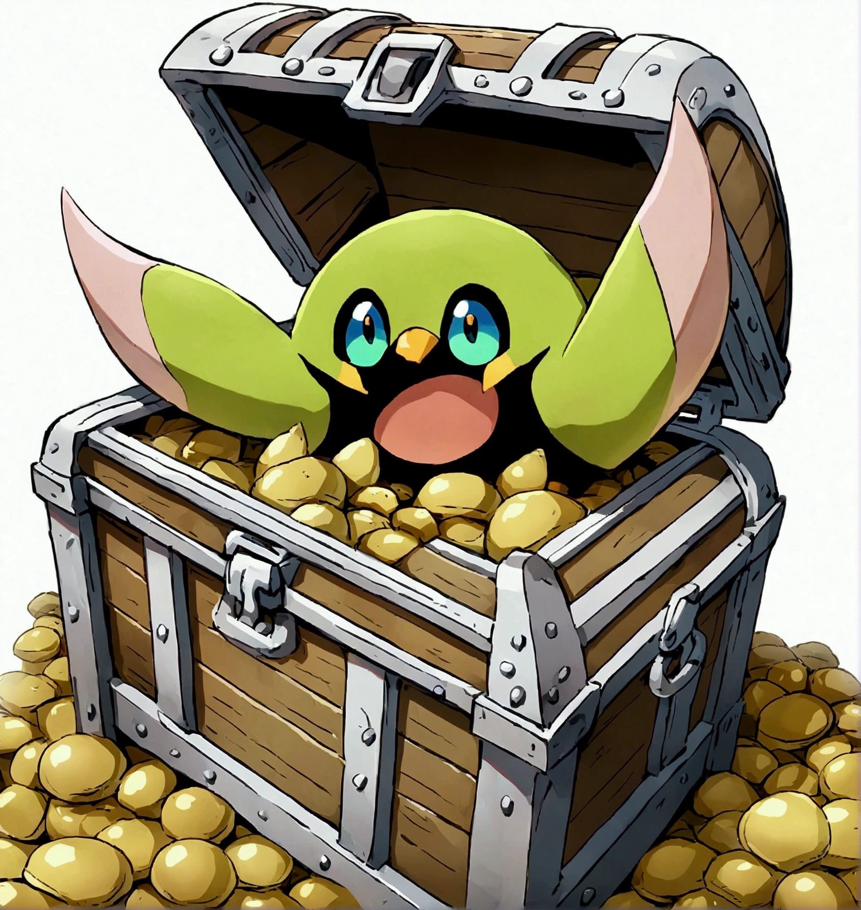 solo, open mouth, green eyes, simple background, white background, pokemon \(creature\), treasure chest