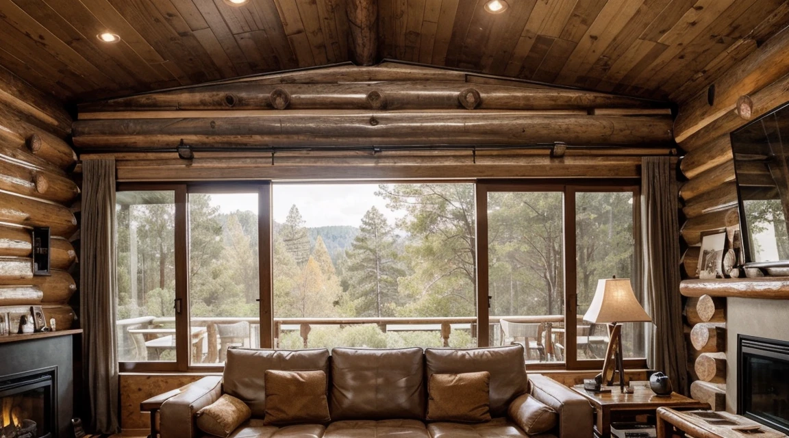 The double-height living room has a large, Log cabin with floor-to-ceiling windows on one side. The living area is furnished with luxurious furniture., Contemporary sofa and chairs in neutral tones, low, Central coffee table. The room's color palette is made up of dark browns and warm colors., The soft light from the various lamps creates a cozy atmosphere.. Green Screen Background、No fireplace needed、Small window