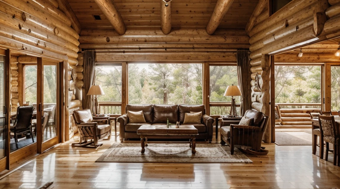 The double-height living room has a large, Log cabin with floor-to-ceiling windows on one side. The living area is furnished with luxurious furniture., Contemporary sofa and chairs in neutral tones, low, Central coffee table. The room's color palette is made up of dark browns and warm colors., The soft light from the various lamps creates a cozy atmosphere.. Green Screen Background、No fireplace needed、Small window