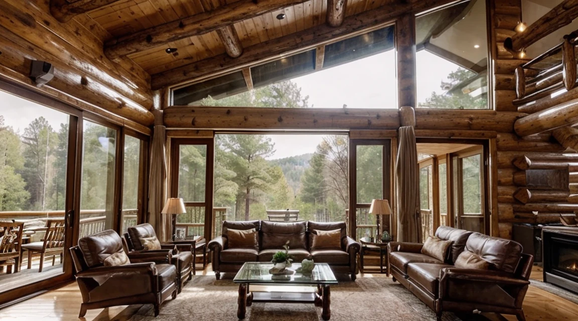 The double-height living room has a large, Log cabin with floor-to-ceiling windows on one side. The living area is furnished with luxurious furniture., Contemporary sofa and chairs in neutral tones, low, Central coffee table. The room&#39;s color palette is made up of dark browns and warm colors., The soft light from the various lamps creates a cozy atmosphere.. Green Screen Background、No fireplace needed、Small window