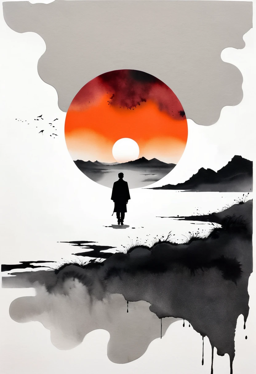 Montage Art Creation。Minimalism，ink，中国Ink Painting, Gray and White, Minimum,White background,The Trail, Minimalism, Huge negative space, Ink Painting, Abstract，Blood-stained sunset，solitary Man