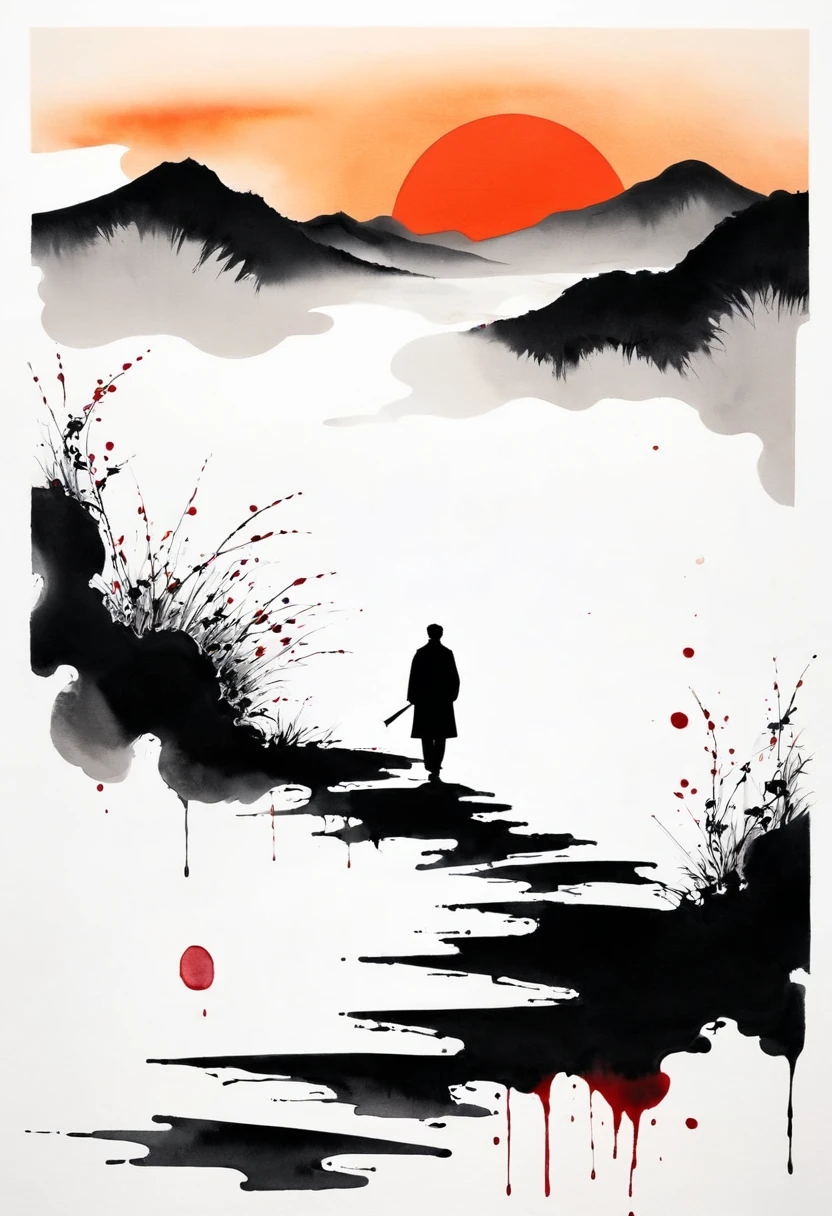 Montage Art Creation。Minimalism，ink，中国Ink Painting, Gray and White, Minimum,White background,The Trail, Minimalism, Huge negative space, Ink Painting, Abstract，Blood-stained sunset，solitary Man