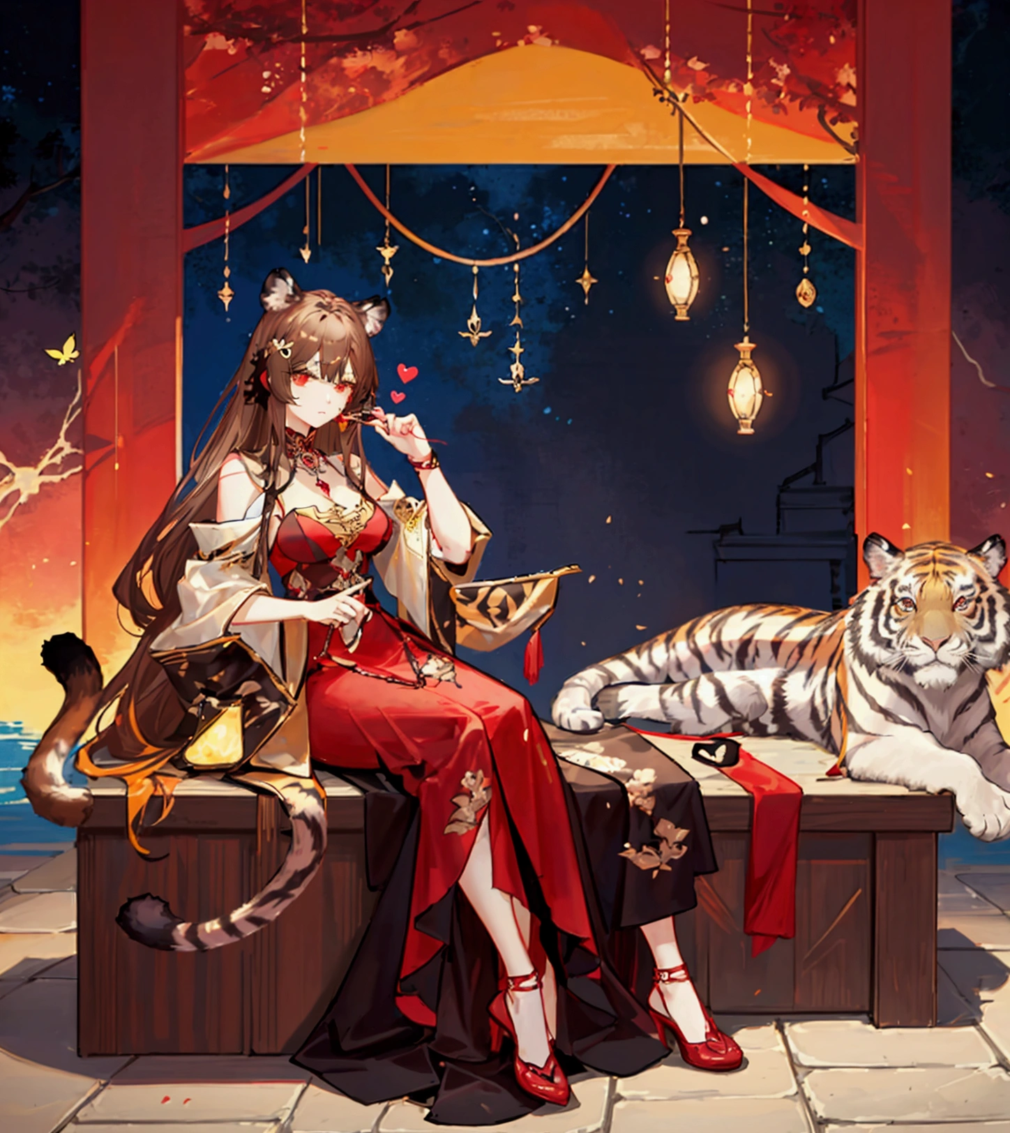 ((최고의 품질)), ((걸작)), (상세한), 여자 1명,Create an anime-style digital artwork of a character with long, sleek light brown hair and bright red eyes. The character is wearing a black dress, and accessories include a blue butterfly pendant necklace and a red heart-shaped hairpin. The character also has tiger ears and a tiger tail with brown and black stripes. The setting is a grand feast, with the character sitting and about to eat.