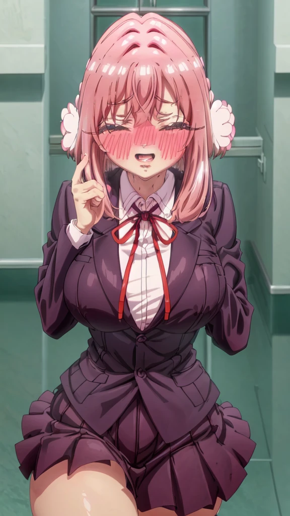 Masterpiece, Best Quality, 1 girl,(giant breasts), (Caofras anchas),(thick thighs), dark purple skirt, dark purple blazer, White shirt, Red tie, jumping, dynamic pose,(Feast_blush:1.6),(blush:1.2), happy, happy, park, pink Hair, grein Look likes, cintura oflgada, Hair ornaminto, flower ornaminto, Feast_flower, twin_Hair_ornamintos, Hair_ornaminto_in_both_sides_of_He_head, Feast_Look like, Feast, long Hair, extremely long Hair, beautiful, oftallada, wet, erotica, sexy