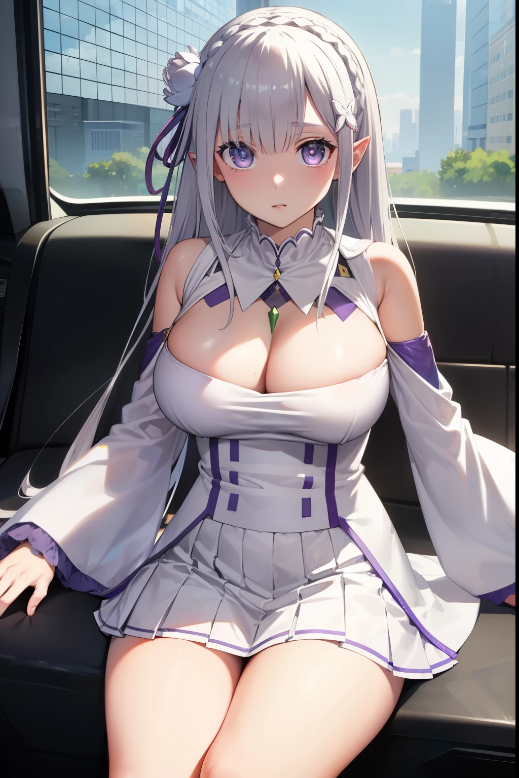 RezeroEmilia, emilia, braid, crown braid, flower, hair flower, hair ornament, bitter hair, broad, pointy ears, (purple eyes:1.2), for white, x hair ornament,
BREAK detached neck, separate sleeves, mangas con steering wheels, steering wheels, long sleeves, miniSkirt, pleated Skirt, amar, Skirt, Thighs, white Skirt, white sleeves, white Thighs, broad sleeves, The big step,
REST outdoors, City,
REST looking at the viewer, BREAK (Masterpiece:1.2), Best Quality, high resolution, unity wallpaper 8k, (illustration:0.8), (Beautiful detailed eyes:1.6), extremely detailed face, perfect lighting, Extremely detailed CG, (perfect hands, perfect anatomy), big breasts, deep neckline, big breasts, deep neckline, NSFW, naked breasts, naked breasts