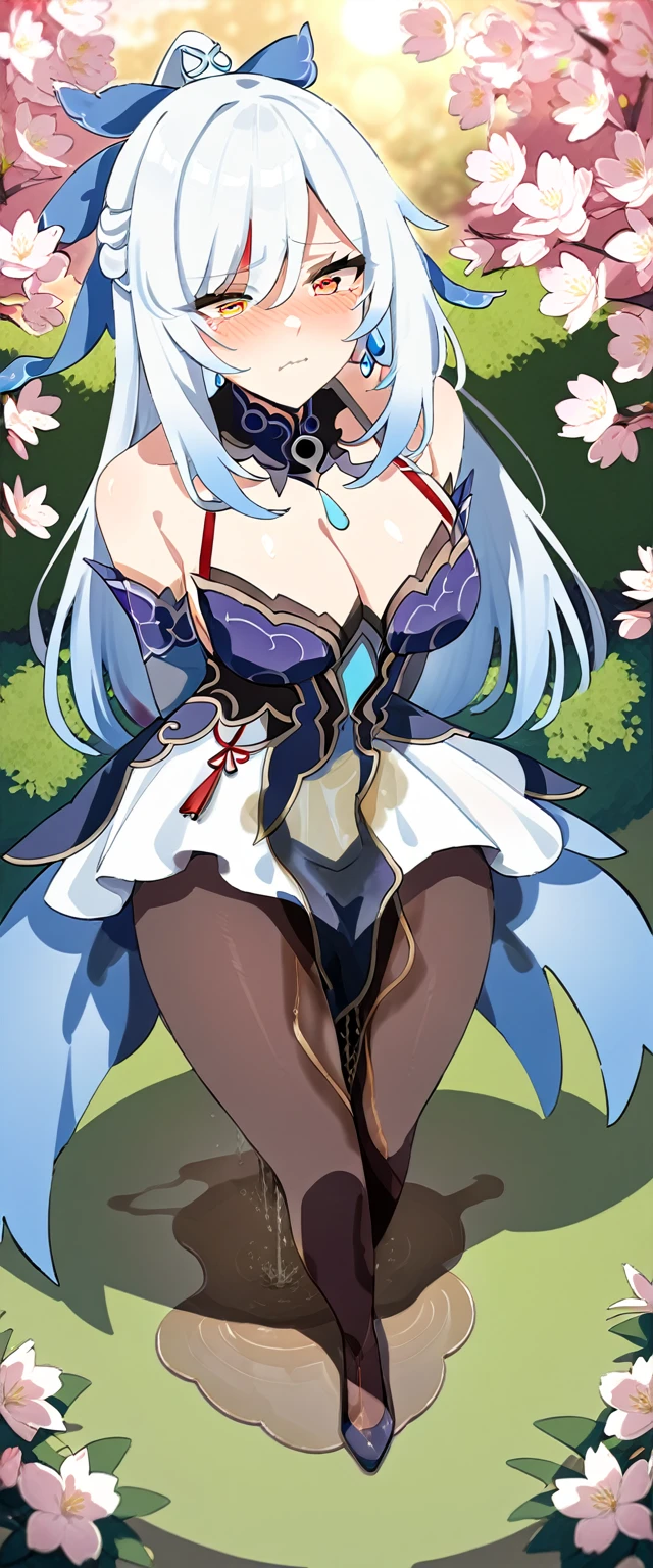 (masterpiece:1.37), best quality, (extremely detailed:1.37), (1girl:1.5), woman, (mature:1.5), (adult:1.5), jingliu, white hair, long hair, ponytail, hair ribbon, red eyes, earrings, jewelry, dress, pantyhose, (pelvic curtain:1.5), (extremely detailed eyes:1.37), (wetting self:2.0), desperation, (standing:1.5), embarrassed, humiliation, blushing, angry, cherry blossoms, garden, (golden hour:1.5), full body, (crossing legs:1.5), from above