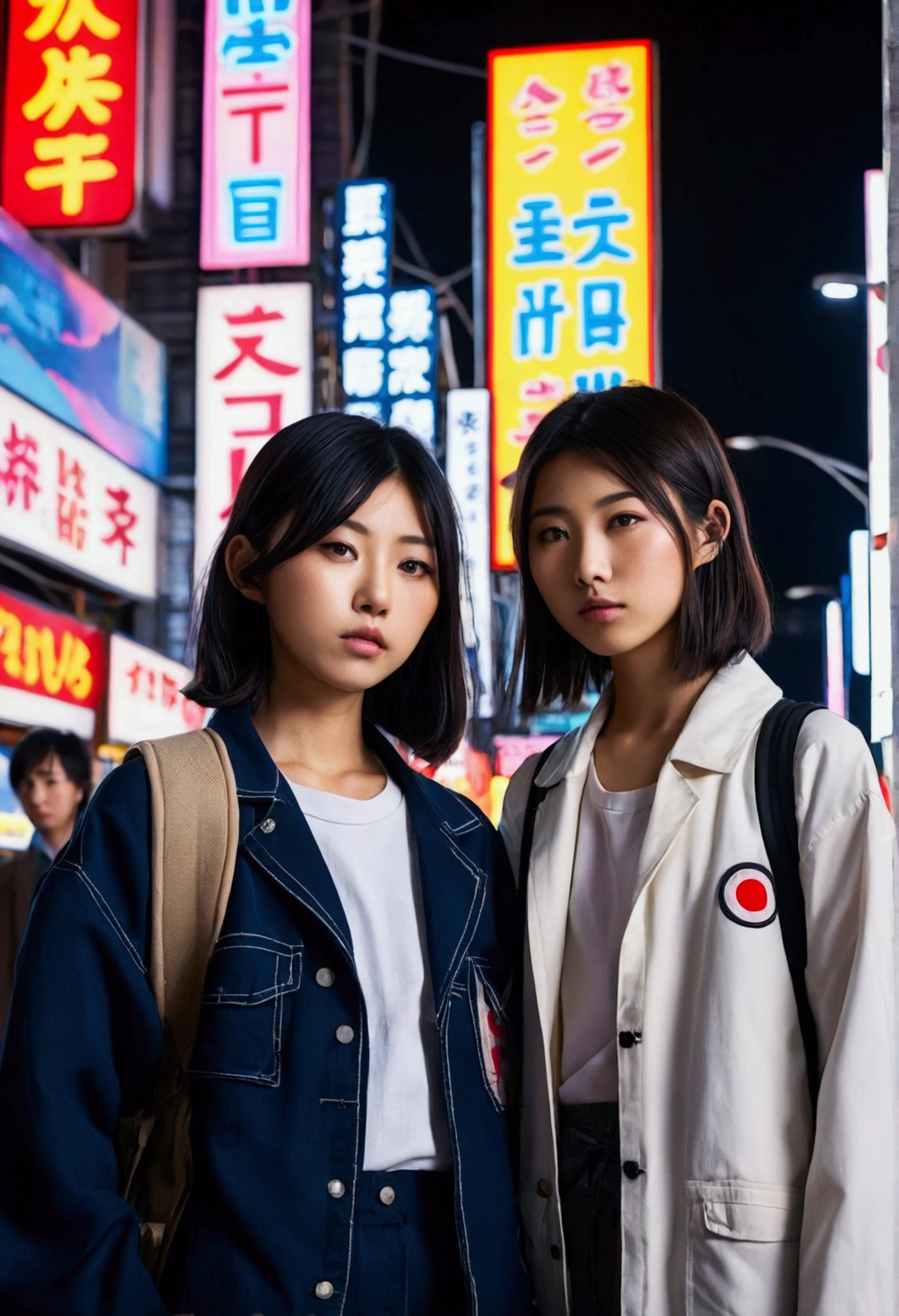 Two young Japanese girls with dark hair standing in a crowded urban setting with bright neon signs and billboards in the background