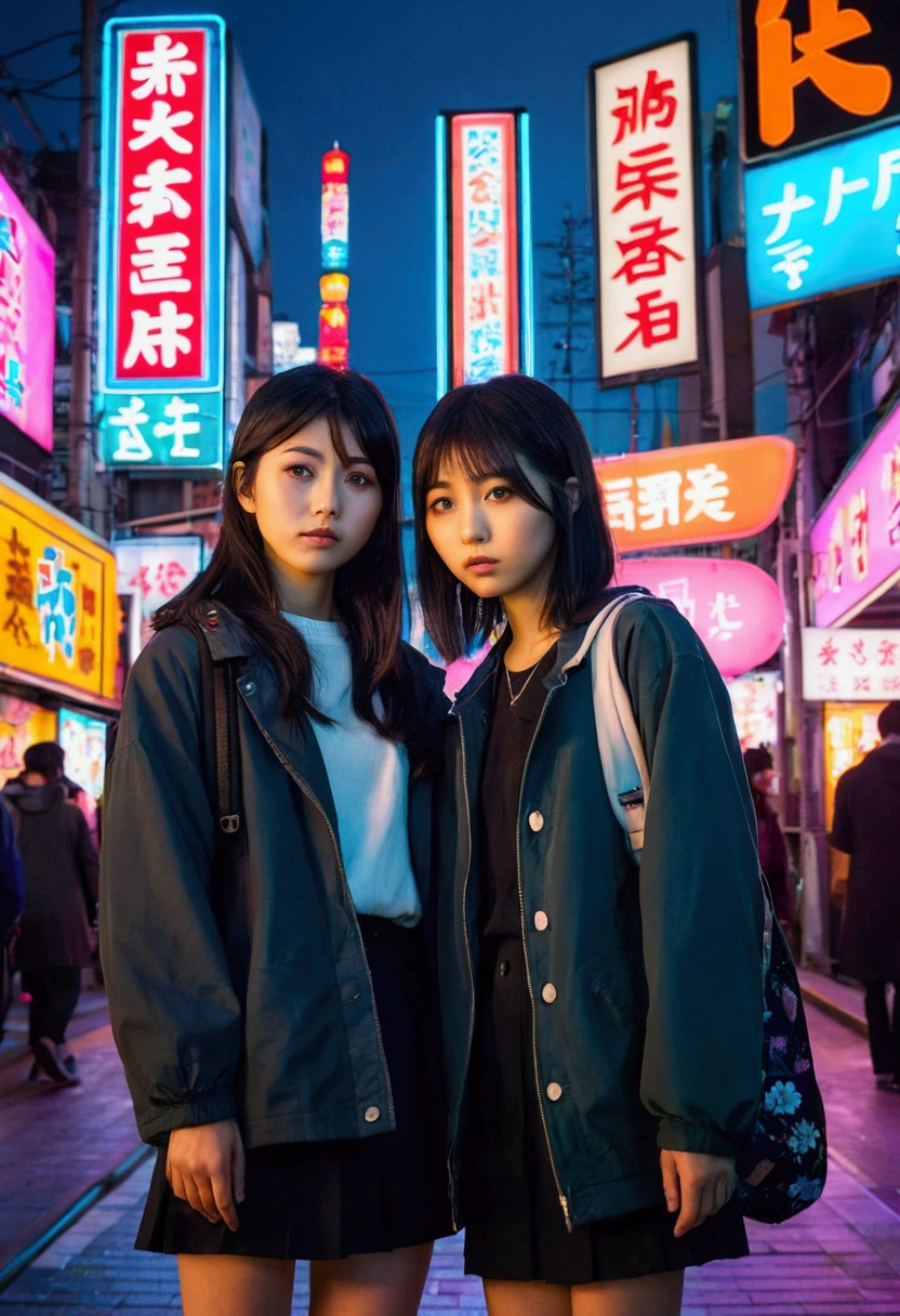 Two young Japanese girls with dark hair standing in a crowded urban setting with bright neon signs and billboards in the background