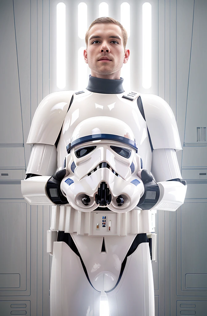 a man in a star wars costume holding a stormtrooper helmet, portrait of a stormtrooper, wearing shiny stormtrooper armor, stormtrooper, wearing stormtrooper armor, star wars character, storm trooper, 