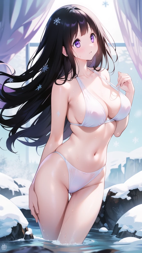 Chitanda,只有一个beautiful girl,Purple Eyes, Black Hair, Natural straight hair, Straight bangs,Extremely refined,open your lips,Face is so red,Very white skin,Skin as delicate as porcelain,Glowing skin,big eyes,Flowing long hair,beautiful girl, Like a dream,Slim,Slim waist,Soft, (Sensual), (Kawaii), Dream quality,Sweaty and sweaty,Wet skin,Side breasts,snowflake,Playing in the snow on the snow mountain,Looking up,Looking up,Thighs clamp hands,It's covered in water,Hands reach into your pants,White transparent bikini,Profile,(Completely naked),Gluteal groove,The outline of the breasts is visible through clothing,Completely naked的背部,nacked hip,very close,Deep V neckline,Loose neckline,Beautiful big breasts,No pants,nopan,no pants,Bare shoulders,There are no shoulder straps,Exposed collarbone,Delicate clavicle,Delicate hands and feet,Bare neck,There are no clothes around the neck,Bare thighs,Exposed groin,Camel toe,extremely shy,Ultra-high resolution, (masterpiece:1.2, best quality), (Delicate and beautiful eyes: 1.2), (Beautiful and delicate face)