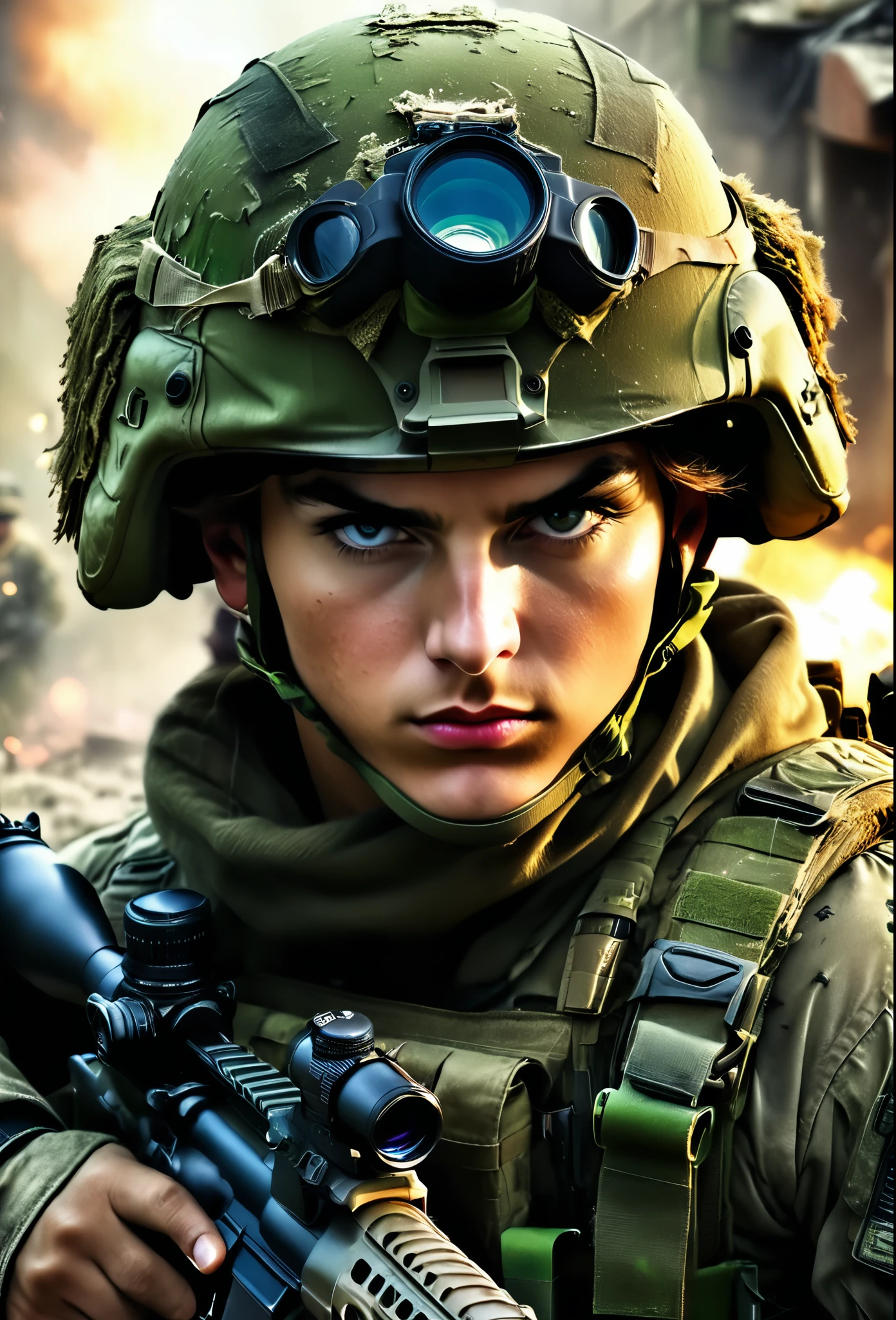 high quality, high definition images, full HD、8k.1 young man, Short brown hair in American combat uniform Wear a helmet deeply, holding a sniper rifle 、midnight city area, using a night vision goggle, pitch black The night vision light is green, Firing a gun from the rubble, 8k, HD, hyper detailed, anatomically correct
