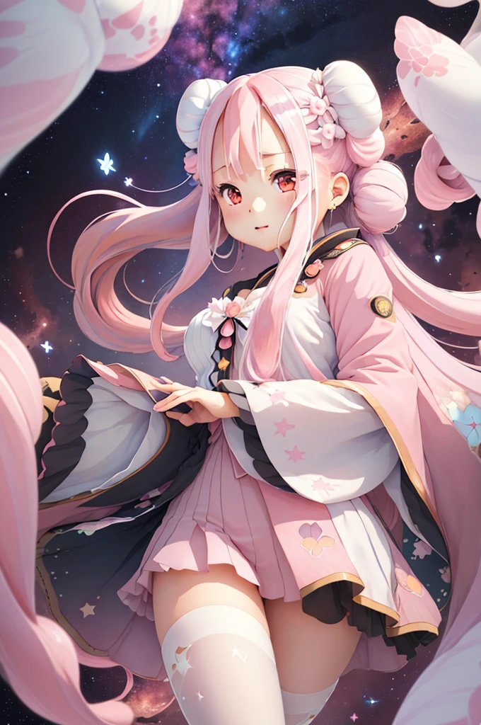 ((masterpiece))、(((Highest quality)))、((Super detailed))、((An illustration))、Attention to detail、Highly detailed CG Unity 8k、High resolution、美しいAttention to detail目、Attention to detail、美しいAttention to detail目,cute00d, star (symbol), One Girl、Lots of butterflies around、 Black background, star (Sky Porn), floating, Flock of butterflies, space, thread, (Hair Ribbon:0.4), Pink Eyes,(((White bun hair))),(((Long pink hair))),Kunimi Tama