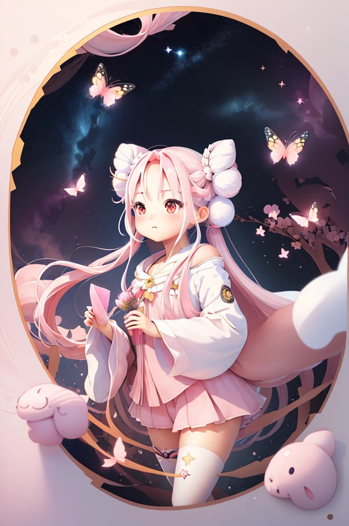 ((masterpiece))、(((Highest quality)))、((Super detailed))、((An illustration))、Attention to detail、Highly detailed CG Unity 8k、High resolution、美しいAttention to detail目、Attention to detail、美しいAttention to detail目,cute00d, star (symbol), One Girl、Lots of butterflies around、 Black background, star (Sky Porn), floating, Flock of butterflies, space, thread, (Hair Ribbon:0.4), Pink Eyes,(((White bun hair))),(((Long pink hair))),Kunimi Tama