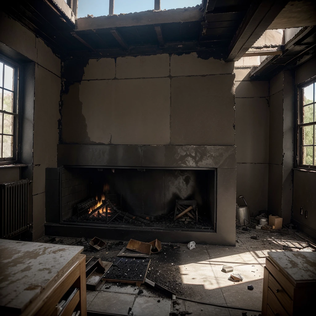 Before (fire) and then (restoration)de un sótano que fue afectado por un fire (there are no windows, There is no furniture, it is just a room.). En el Before las paredes debe estar manchadas de humo negros y quemadas por el fuego, objects turned into ashes and afterward the walls should be shiny without any fire damage