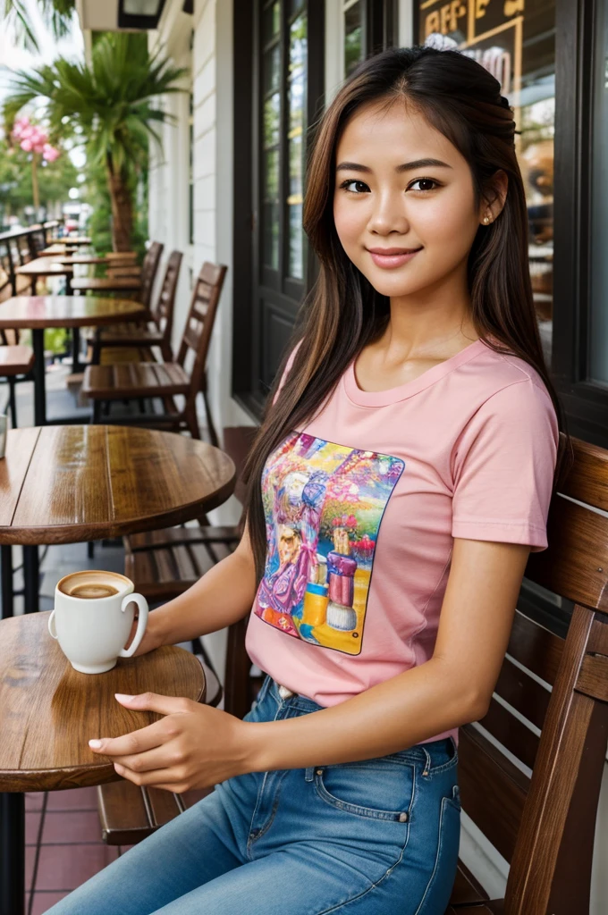 Highly detailed clearly, vivid, vibrant realistic oil painting, beautiful, cute Thai girl, brown eyes, wearing a pink t-shirt. and jeans Pour the coffee from the mug into the coffee mug. Sit on a chair near the table. Beautiful front porch of a coffee shop White coffee shop background, barista table, quiet atmosphere.