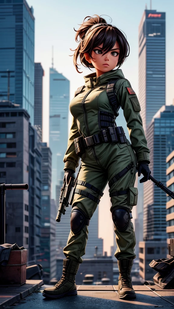 A female sniper member of the SIT unit, standing on a rooftop wielding the latest sniper rifle, detailed military uniform, focused expression, tense action pose, high-tech rifle, urban cityscape background, dramatic lighting, cinematic composition, gritty and realistic, photorealistic, 8k, hyperdetailed, perfect sharpness