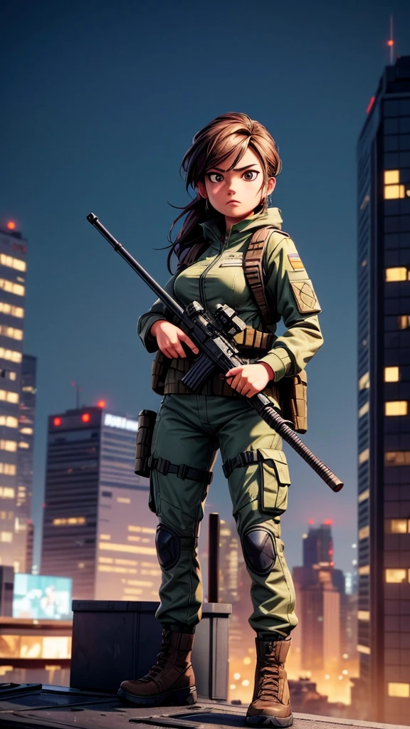 A female sniper member of the SIT unit, standing on a rooftop wielding the latest sniper rifle, detailed military uniform, focused expression, tense action pose, high-tech rifle, urban cityscape background, dramatic lighting, cinematic composition, gritty and realistic, photorealistic, 8k, hyperdetailed, perfect sharpness