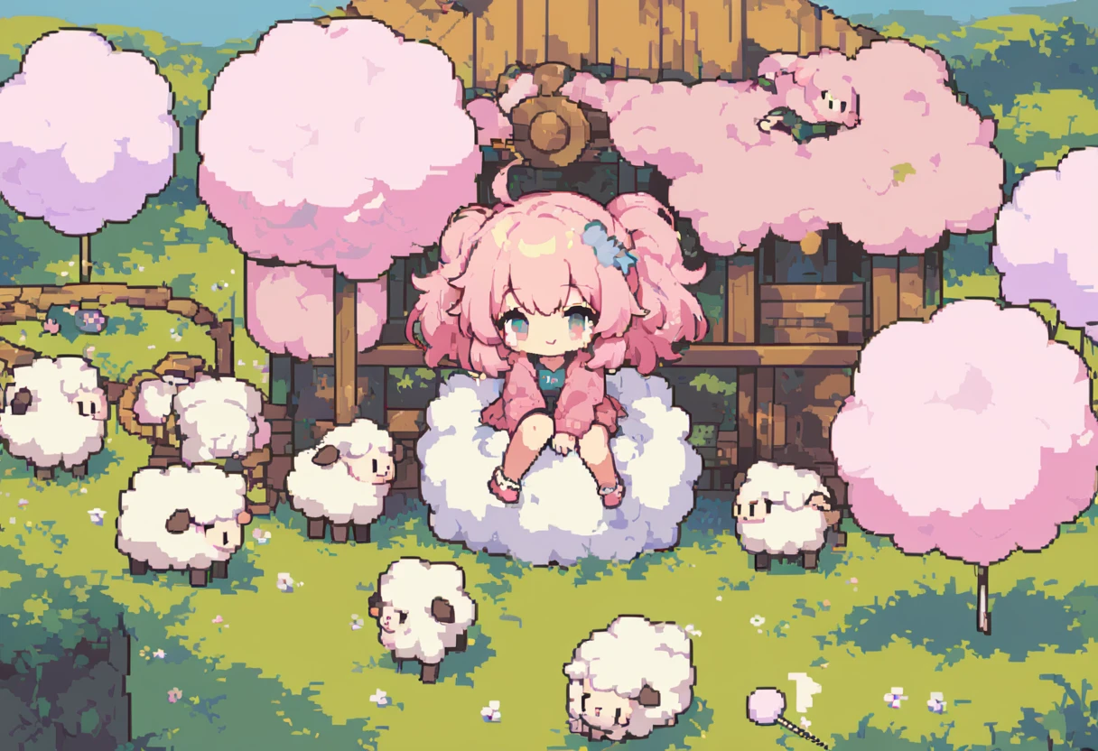 masterpiece, Highest quality, 8k, Pixel art, Vivid, ((woman, 若いwoman)), , smile, cute, smile, Mouth open, (((Fluffy hair:1.5, Cotton candy hair:1.8))), Long Hair, (sheepの毛のような髪, Mokomo Konoko hair, Pink Hair), eyebrow, 太いeyebrow, one piece, Pink clothes, Long skirt, Spread your wings, cardigan, 水色のcardigan, shoes, 茶色いshoes((もこもこのsheep, sheepの上にwomanが乗っている, とても大きなsheepに乗っている正確な造形のsheep, cute顔)), grassland, sheep, 大きいsheep, sheepの群れ, sheepに乗っている,
