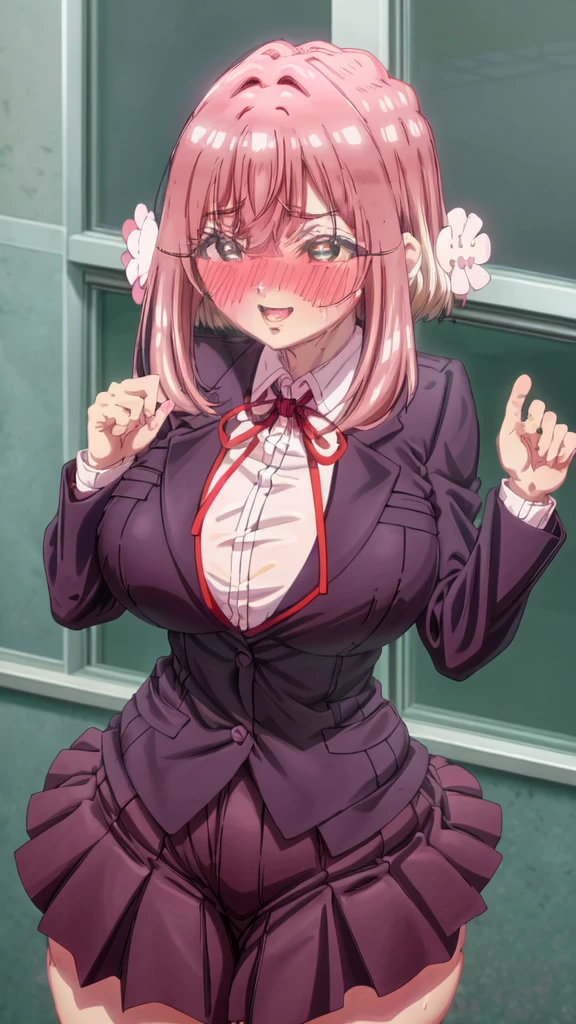 Masterpiece, Best Quality, 1 girl,(giant breasts), (Caofras anchas),(thick thighs), dark purple skirt, dark purple blazer, White shirt, Red tie, jumping, dynamic pose,(Feast_blush:1.6),(blush:1.2), happy, happy, park, pink Hair, grein Look likes, cintura oflgada, Hair ornaminto, flower ornaminto, Feast_flower, twin_Hair_ornamintos, Hair_ornaminto_in_both_sides_of_He_head, Feast_Look like, Feast, long Hair, extremely long Hair, beautiful, oftallada, wet, erotica, sexy