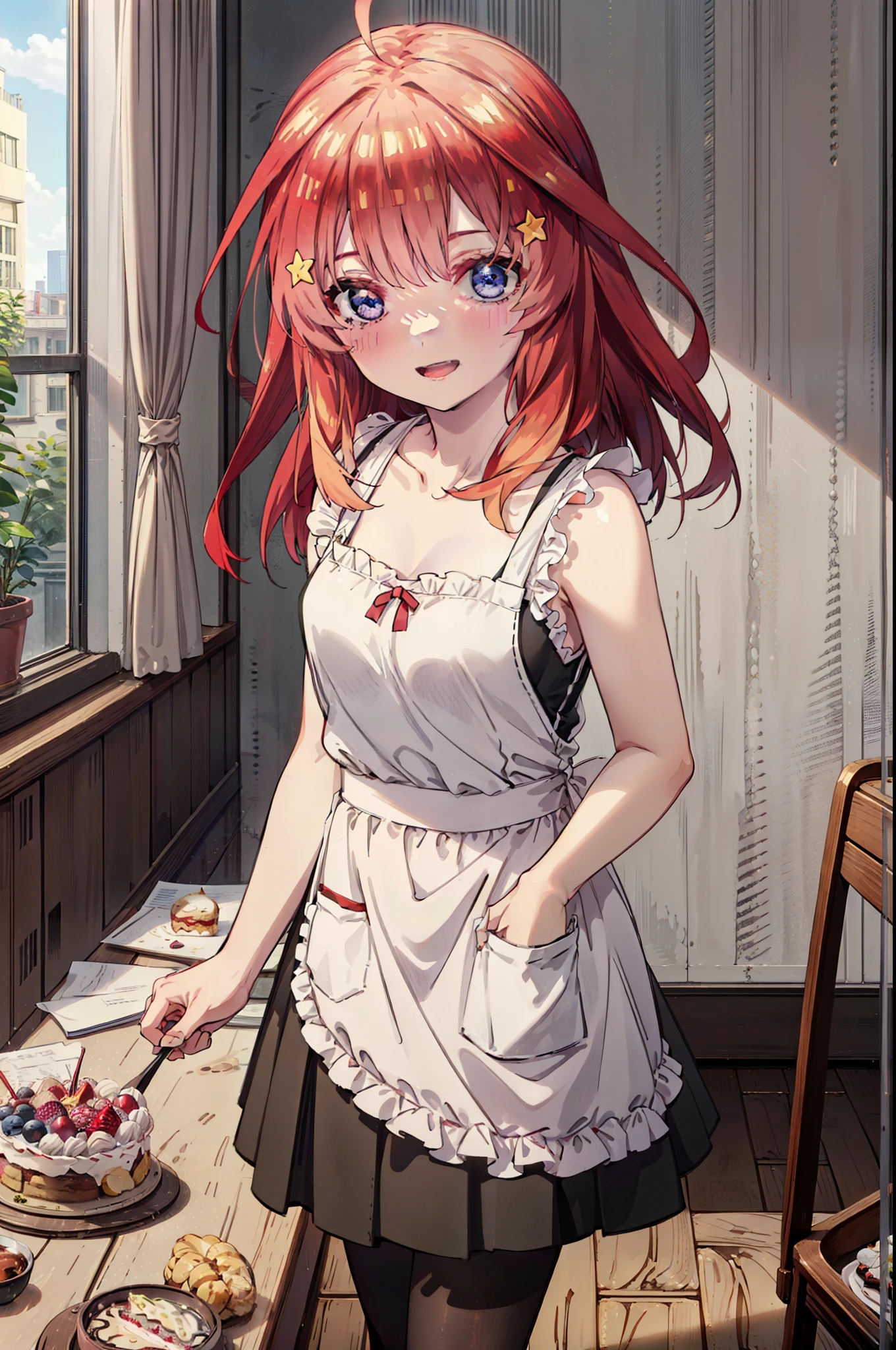 itsukinakano, Itsuki Nakano, bangs, blue eyes, Hair between the eyes, Ahoge, Redhead, star \(symbol\), hair ornaments,happy smile, smile, Open your mouth,cracker, star hair ornaments,Red Tank Top,Long skirt,Black pantyhose,apron,Walking,There is food and a birthday cake on the table,whole bodyがイラストに入るように,
break indoors, room,
break looking at viewer,whole body,
break (masterpiece:1.2), Highest quality, High resolution, unity 8k wallpaper, (figure:0.8), (Beautiful attention to detail:1.6), Highly detailed face, Perfect lighting, Highly detailed CG, (Perfect hands, Perfect Anatomy),