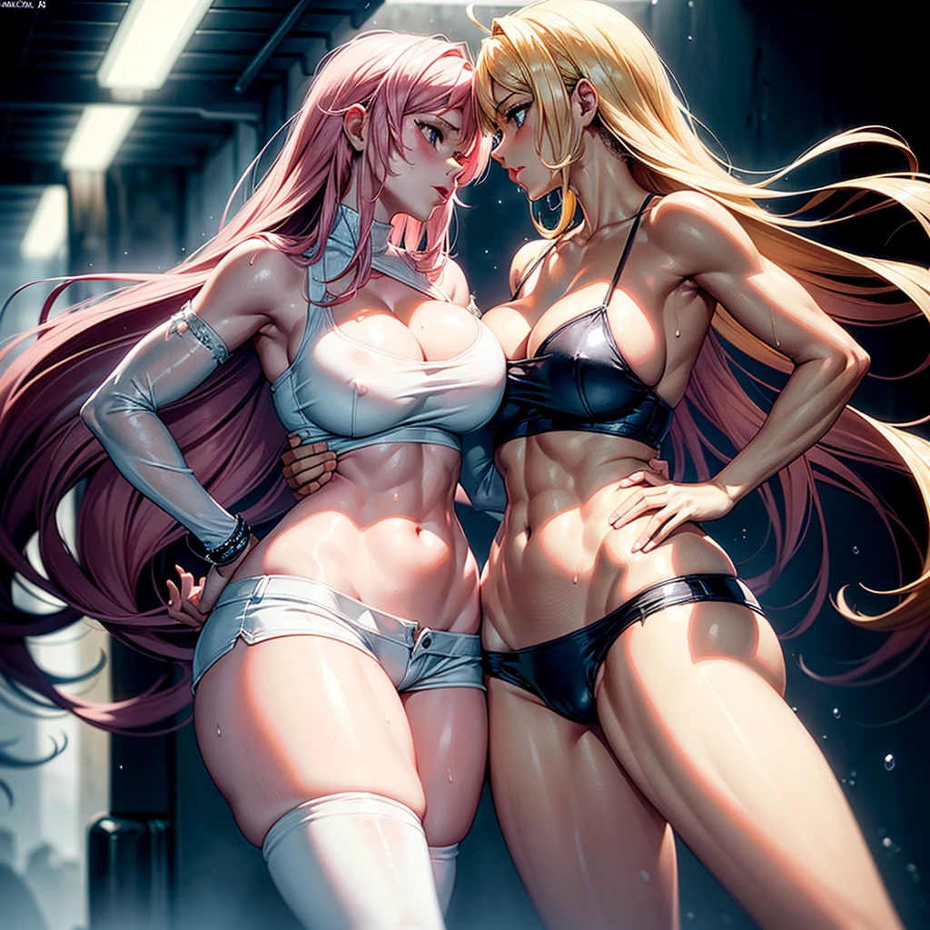 Two beauties with healthy complexions, lesbians, staring into the eyes, muscles clearly visible, kissing and licking each other, saliva flowing from the corners of the mouth, vanilla ice cream melting, cream cheese syrup flowing down, covering the body, posing provocatively, breasts to each other To touch, the nipples are obvious. Clothes can accidentally fall apart (come apart), get stuck (causing the garment to pull on the hips), short T-shirts with exaggerated midriff-baring spaghetti straps can rip, and tops can slip off (causing exposure). The expression is fiery and defiant. (Masterpiece, best quality: 1.2), exaggerated blonde, beauty, pink hair, glossy skin, seductive pose, cleavage, wet skin, exposed breasts, big breasts, breast detail, healthy skin, The exaggeratedly damaged mini shorts exposed her buttocks, and her pants slid down the side of her thighs, leaving a large amount of thick white liquid oozing between her legs. Amazing ass and spread legs. Details: Spread your legs, M-shaped legs, your eyes are super beautiful and shining during orgasm, and your big breasts reveal your cleavage. Light pink nipples. Navel, muscular, legs spread, juicy, wet, seductive, big breasts, cleavage exposed, navel, oily skin, blonde hair, long straight hair, schoolgirl cut, cosplay, late night, wet, sweaty armpits, ( Refined face) )): 1.6), Field Bokeh, (Detailed Background), Perfectly Layered Crop, (Full Body Shot/Cowboy Shot/Side View), 8K, Gorgeous Lips, (Masterpiece), ((Most) Best quality), (Ultra-detailed)), ((Sexy; 1.5)) Very beautiful, richly illustrated, perfectly composed, intricately detailed, extremely fine details on the face, (Anime, Masterpiece, Complex: 1.3), (Most Best quality, featured textures, high detail: 1.2), (4k), (extreme detail: 1.4) moody lighting