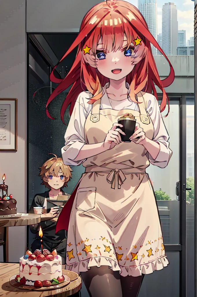 itsukinakano, Itsuki Nakano, bangs, blue eyes, Hair between the eyes, Ahoge, Redhead, star \(symbol\), hair ornaments,happy smile, smile, Open your mouth,cracker, star hair ornaments,Red Tank Top,Long skirt,Black pantyhose,apron,Walking,There is food and a birthday cake on the table,whole bodyがイラストに入るように,
break indoors, room,
break looking at viewer,whole body,
break (masterpiece:1.2), Highest quality, High resolution, unity 8k wallpaper, (figure:0.8), (Beautiful attention to detail:1.6), Highly detailed face, Perfect lighting, Highly detailed CG, (Perfect hands, Perfect Anatomy),