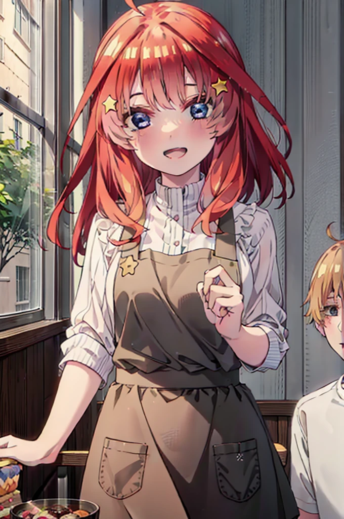 itsukinakano, Itsuki Nakano, bangs, blue eyes, Hair between the eyes, Ahoge, Redhead, star \(symbol\), hair ornaments,happy smile, smile, Open your mouth,cracker, star hair ornaments,Red Tank Top,Long skirt,Black pantyhose,apron,Walking,There is food and a birthday cake on the table,whole bodyがイラストに入るように,
break indoors, room,
break looking at viewer,whole body,
break (masterpiece:1.2), Highest quality, High resolution, unity 8k wallpaper, (figure:0.8), (Beautiful attention to detail:1.6), Highly detailed face, Perfect lighting, Highly detailed CG, (Perfect hands, Perfect Anatomy),