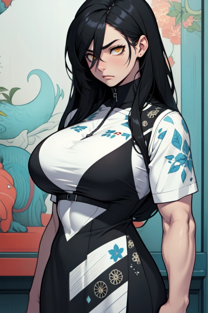 giant muscles huge breasts massive hair pale skin black hair yellow eyes long straight hair sad sad girl sad patterned patterned patterned patterned