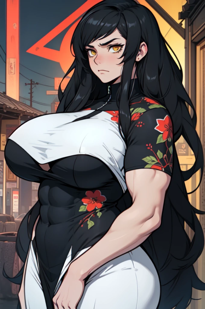 giant muscles huge breasts massive hair pale skin black hair yellow eyes long straight hair sad sad girl sad patterned patterned patterned patterned