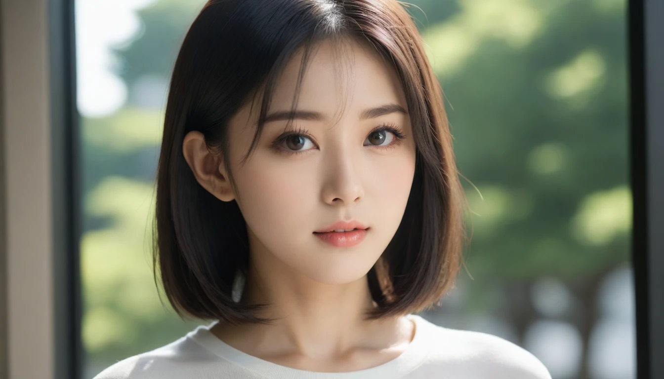 8k, Ultra-high resolution, Highest quality, masterpiece, 三分割法によるphotograph,Surreal, photograph, 1 Girl, (:1.3), pretty girl, Cute Face, Beautiful eyes in every detail, 細かくdetailedに,masterpiece,One Girl:1.2, Japan Female Announcer,extream close up,glaring,Black Hair,Wavy bob,Station platform,風景photograph,Clean and modest clothing,Natural Makeup,Realistic Skin, Perfect and beautiful face ,完璧でCute Face, Skin with attention to detail, Perfect limbs、Narrow waist、Thin legs),Looking at the audience、beauty,Long neck、(((Ideal body type))),A cup small breasts :2,Portraiture:2,Perfect Anatomy,鮮明なdetailed,detailed,Surreal,Light and shadow,dappled sunlight