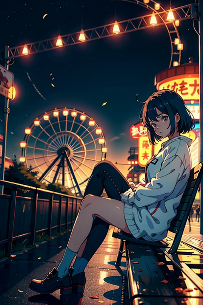 anime girl sitting on a bench with a ferris in the background, anime aesthetic, anime vibes, anime asthetic, artwork in the style of guweiz, lofi artstyle, amusement park, lofi girl, anime style illustration, ilya kuvshinov landscape, beautiful anime art style, anime style 4 k, lo fi, anime artstyle, guweiz