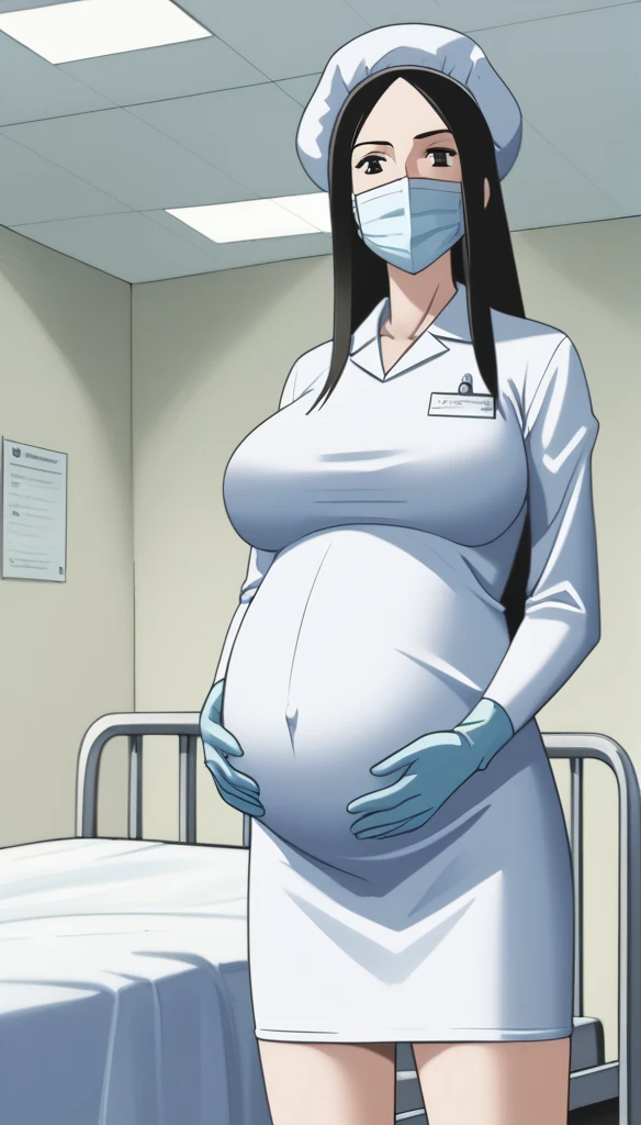 score_9,  score_8_up, score_7_up, source_anime, raw image, masterpiece, highest quality, kasuganoray, very charming, pale skin, she narrowed her eyes, eyes want to have sex, her eyes were filled with a high level of lust, looking_at_viewer, long black hair, close ears, big breasts, scrubs, surgical mask, bouffant cap, long sleeve maternity dress, put on another long sleeved coat, seamless, navel head, the dress isn't wrinkled, tight fitting, long white stockings, 
1girl, pregnant, solo, sexy, long rubber gloves, looking down, look at viewer, furrowed brow, hospital bed, light shines from the ceiling, standing, patient room background, she has a high sex drive, she is sexually arousing, she looked like she really wanted to have sex, she is inquiring about the patient's condition, she persuaded him to have sex with her, she invites you have sex with her, she invites you to have sex with her, she acted sexually, masturbate, she looks like she wants to have sex