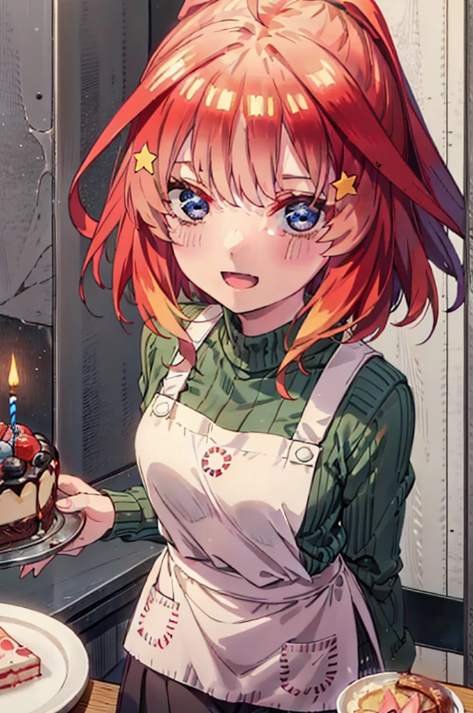 itsukinakano, Itsuki Nakano, bangs, blue eyes, Hair between the eyes, Ahoge, Redhead, star \(symbol\), hair ornaments,happy smile, smile, Open your mouth,cracker, star hair ornaments,Red Tank Top,Long skirt,Black pantyhose,apron,Walking,There is food and a birthday cake on the table,whole bodyがイラストに入るように,
break indoors, room,
break looking at viewer,whole body,
break (masterpiece:1.2), Highest quality, High resolution, unity 8k wallpaper, (figure:0.8), (Beautiful attention to detail:1.6), Highly detailed face, Perfect lighting, Highly detailed CG, (Perfect hands, Perfect Anatomy),