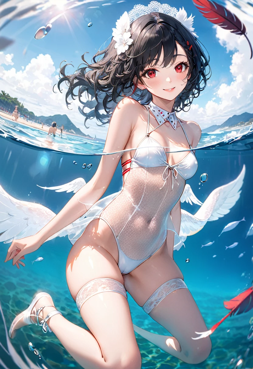 (full body, pov angel swimsuit style), (solo:2, 15 yo, curly:1.3 black hair long hair lovely girl, sexy red eyes, love smile, medium:1.1 tits, glossy lip), (in a white lace up swimsuit, double exposure White Feather), break, in the Swimsuit contest venue, background Double Exposure beautiful ocean and feather, BREAK, perfect anatomy, masterpiece, best quality, 16k, beautiful detailed love, sexy, daydreaming expression.