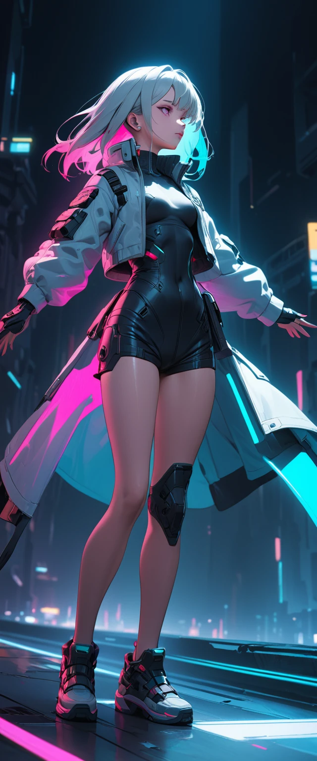 a cyberpunk type girl looking straight ahead with her arms spread full body