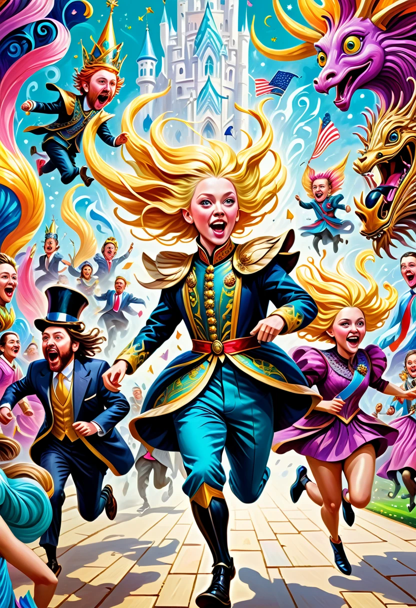 a hyper-detailed painting of weird people running as candidates for the throne, 8k resolution, whimsical characters, fantasy art, extravagant costumes, surreal environment, Emma Geary style, intricate details, vibrant colors, intricate fantasy world, exaggerated features, intricate patterns, magical ambiance