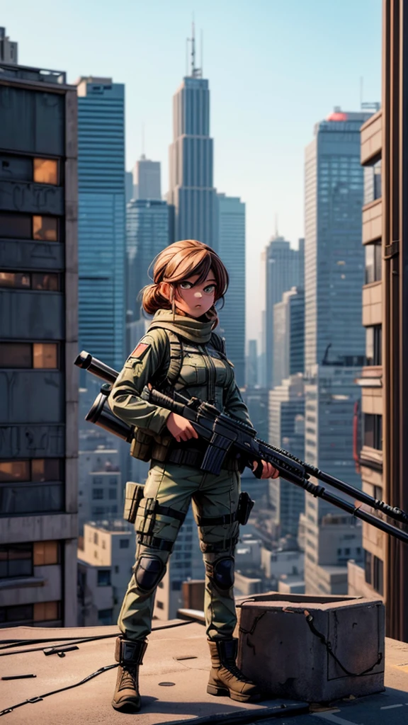 A female sniper member of the SAT unit, standing on a rooftop wielding the latest sniper rifle, detailed military uniform, focused expression, tense action pose, high-tech rifle, urban cityscape background, dramatic lighting, cinematic composition, gritty and realistic, photorealistic, 8k, hyperdetailed, perfect sharpness