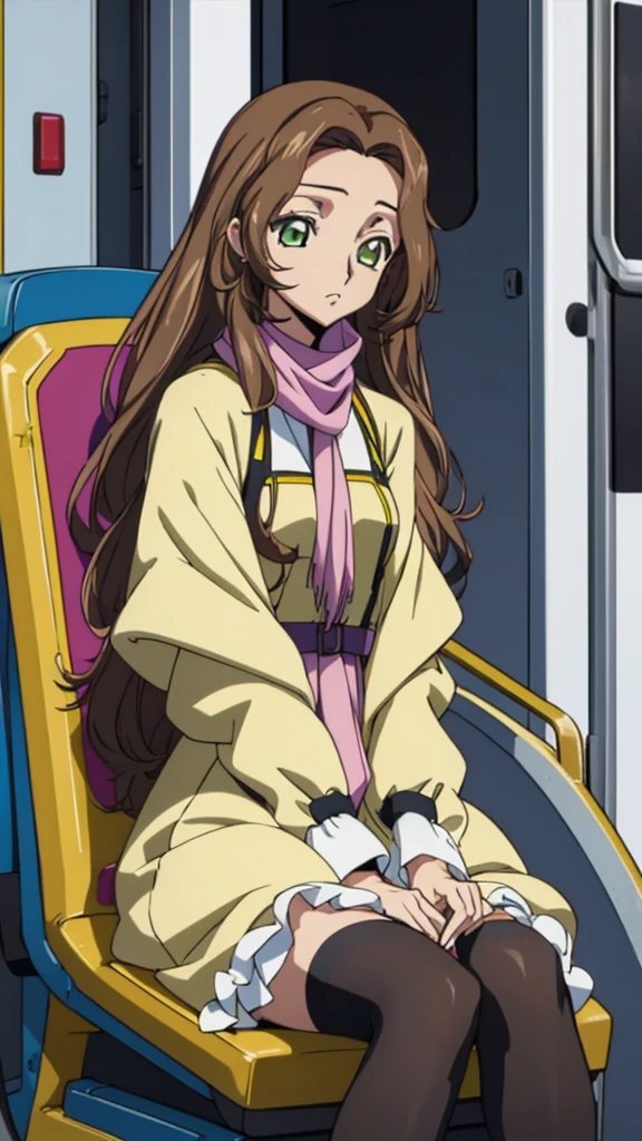 Score_9, score_8, score_7, code Geass_anime, Anastasia lamperough, brown hair and green eyes, long hair, light yellow winter dress, dark yellow jackets, black tights, pink scarf, chair sit down, train, snow, day, best quality, masterpiece+