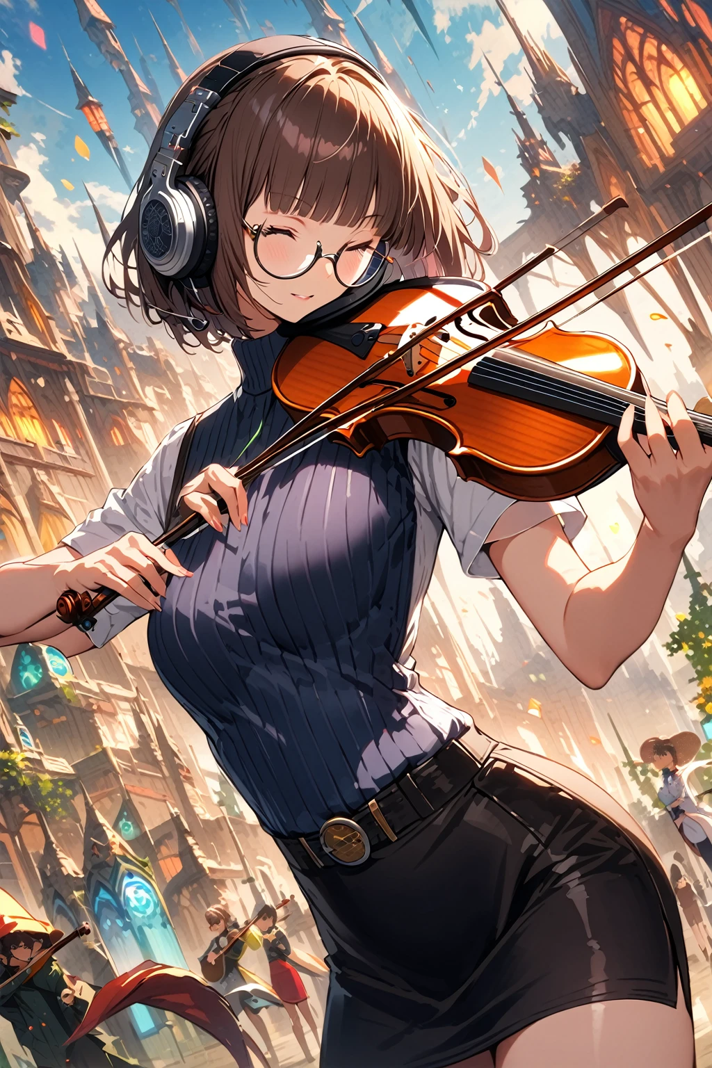(extremely detailed fine touch:1.3), (((semi-rimless round eyewear:1.3))), (headphone:1.2), short hair, blunt bangs, fantasy, 1girl,Playing a violin, Turtleneck blouse, pencil skirt, 