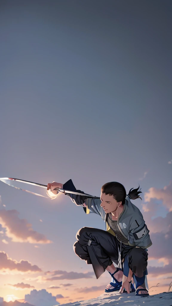 In the manga series "NARUTO" a man named "Sikamaru" with his trademark hairstyle tied back, is squatting on a tower and holding a long katana. The character wears a gray jacket with rolled up sleeves, a mesh undershirt, and dark pants. There are blue details on the jacket, including a circular Konaha symbol on the left sleeve. The shoes worn are similar to open-toed sandals. with 4k HDR quality, with a black shadow effect in the background that forms a large hand,
